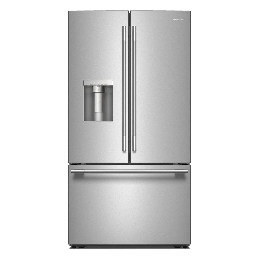 KITCHENAID  30 Cu. Ft. 36-Inch French Door Refrigerator with Exterior Water and Ice Dispenser and Wood-Look Sliding Tray in PrintShield® Finish - PrintShield Stainless (KRFF436SPS)