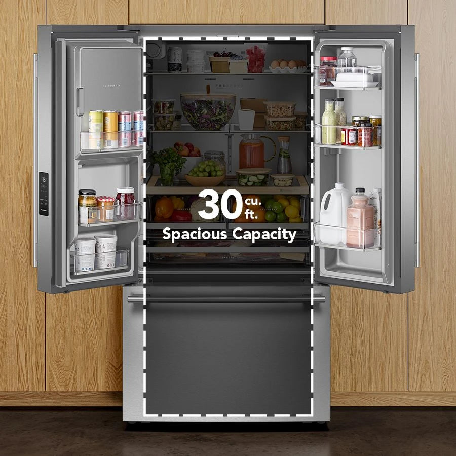 KITCHENAID  30 Cu. Ft. 36-Inch French Door Refrigerator with Exterior Water and Ice Dispenser and Wood-Look Sliding Tray in PrintShield® Finish - PrintShield Stainless (KRFF436SPS)