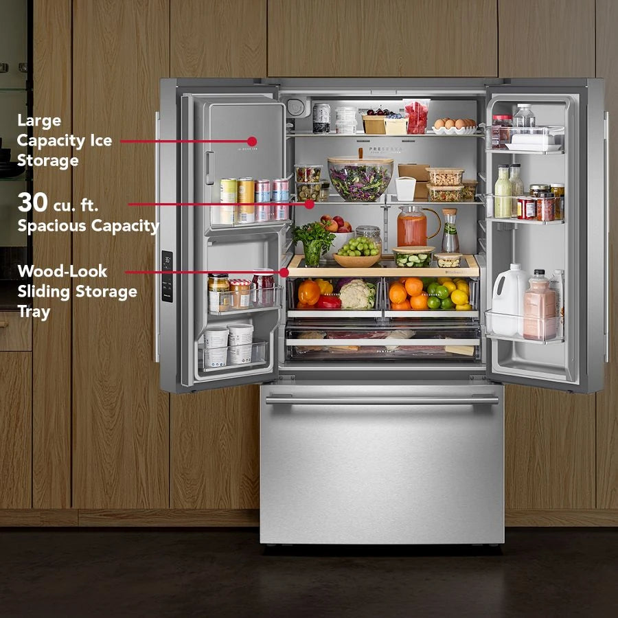KITCHENAID  30 Cu. Ft. 36-Inch French Door Refrigerator with Exterior Water and Ice Dispenser and Wood-Look Sliding Tray in PrintShield® Finish - PrintShield Stainless (KRFF436SPS)