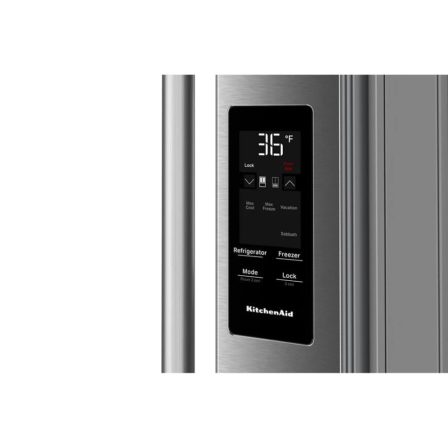 KITCHENAID  30 Cu. Ft. 36-Inch French Door Refrigerator with Exterior Water and Ice Dispenser and Wood-Look Sliding Tray in PrintShield® Finish - PrintShield Stainless (KRFF436SPS)