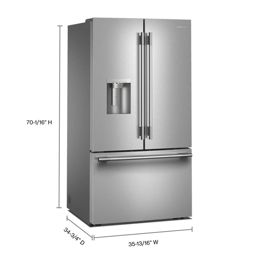 KITCHENAID  30 Cu. Ft. 36-Inch French Door Refrigerator with Exterior Water and Ice Dispenser and Wood-Look Sliding Tray in PrintShield® Finish - PrintShield Stainless (KRFF436SPS)