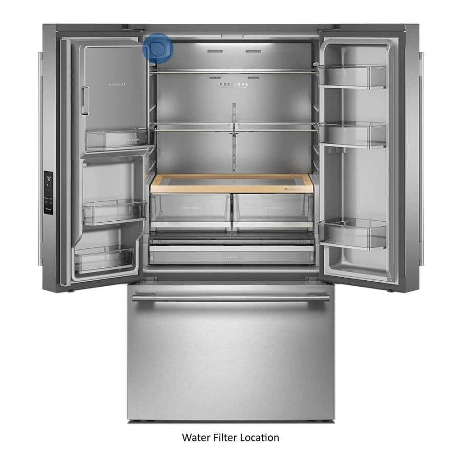 KITCHENAID  30 Cu. Ft. 36-Inch French Door Refrigerator with Exterior Water and Ice Dispenser and Wood-Look Sliding Tray in PrintShield® Finish - PrintShield Stainless (KRFF436SPS)