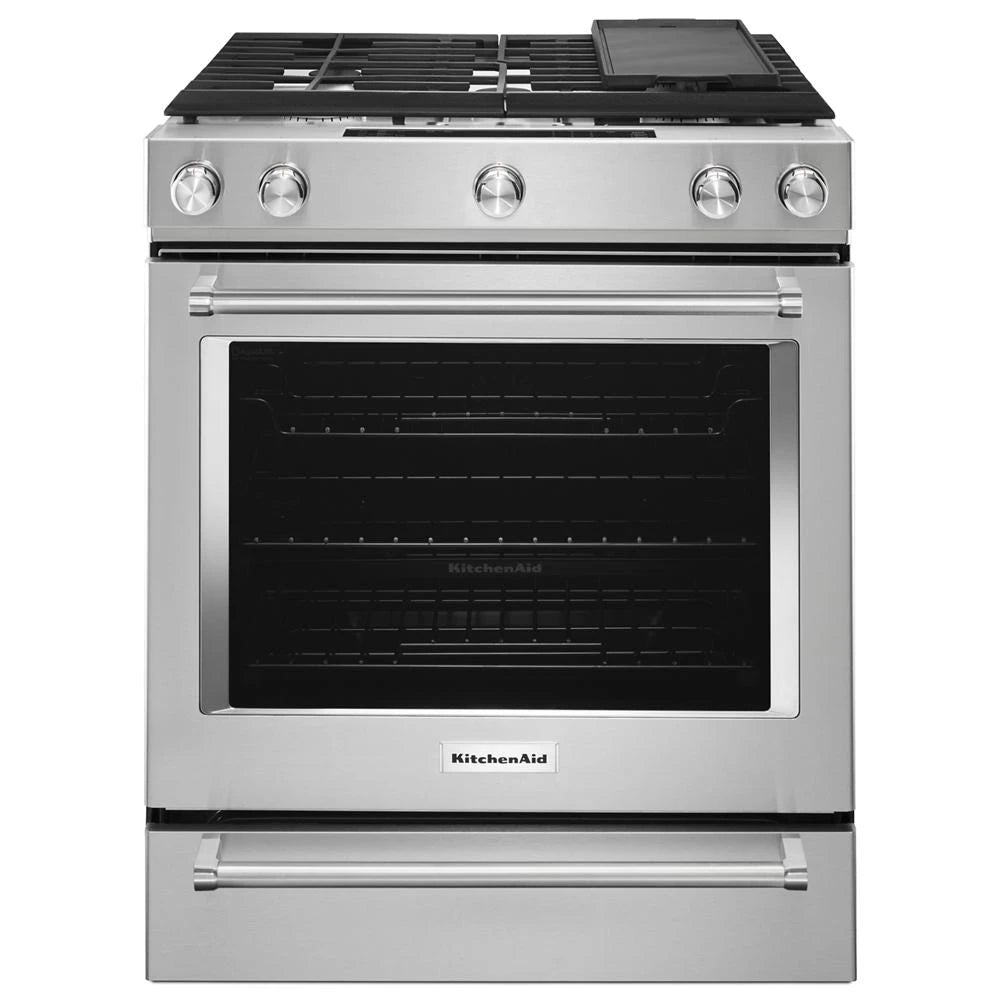 KITCHENAID  30-inch 5-burner Dual Fuel Convection Slide-in Range With Baking Drawer - Stainless Steel (KSDB900ESS)