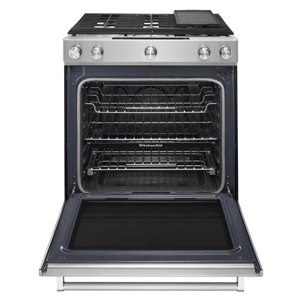 KITCHENAID  30-inch 5-burner Dual Fuel Convection Slide-in Range With Baking Drawer - Stainless Steel (KSDB900ESS)