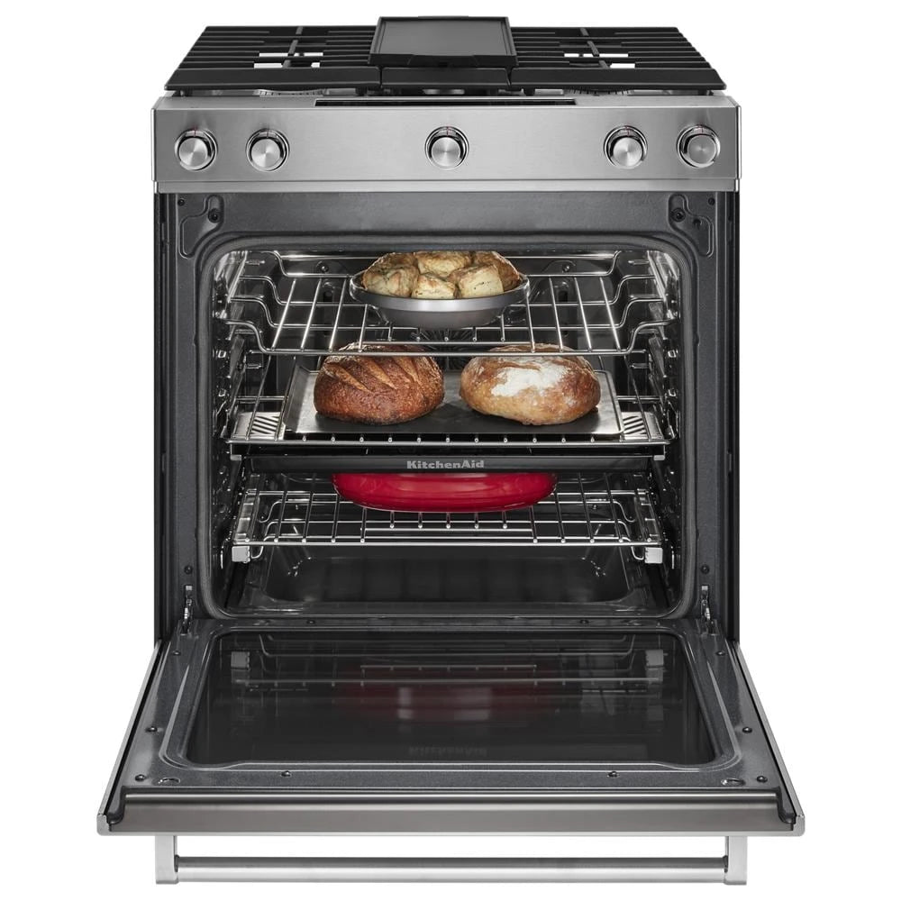 KITCHENAID  30-inch 5-burner Dual Fuel Convection Slide-in Range With Baking Drawer - Stainless Steel (KSDB900ESS)