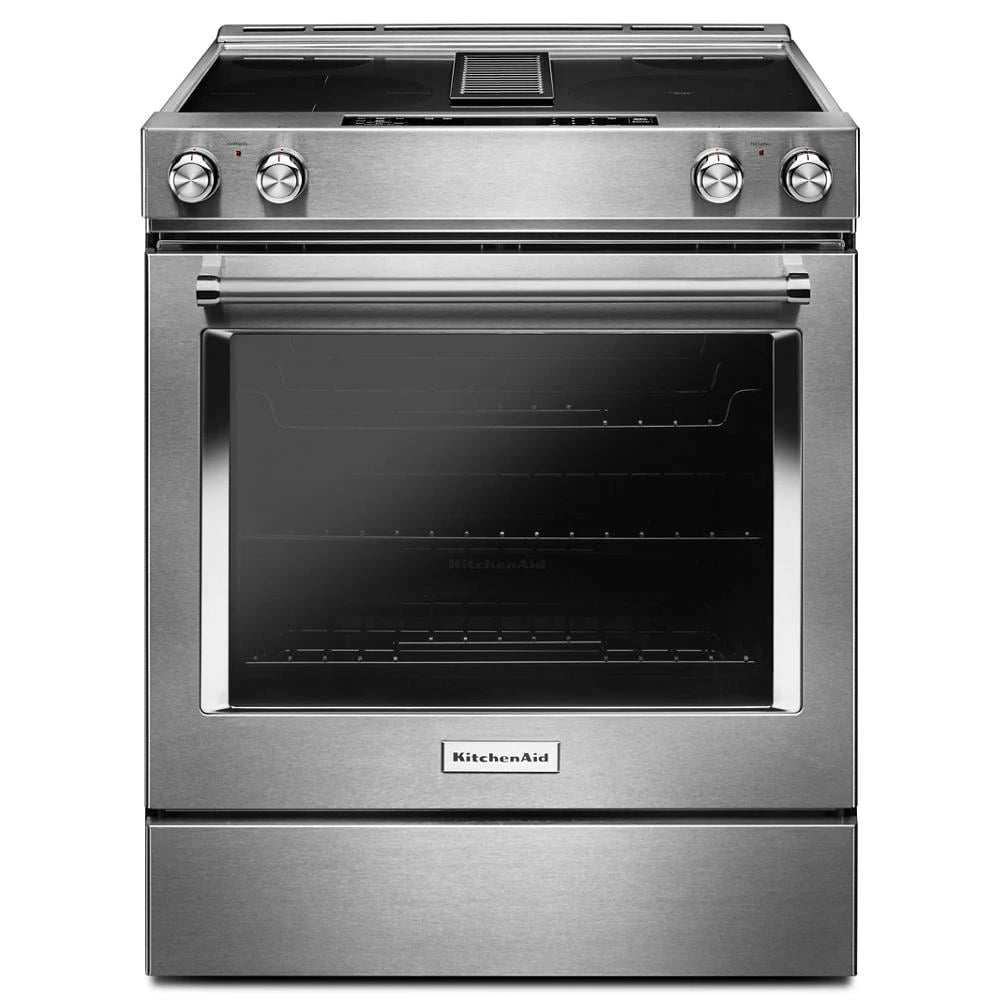KitchenAid  30-Inch 4-Element Electric Downdraft Slide-In Range - Stainless Steel (KSEG950ESS)