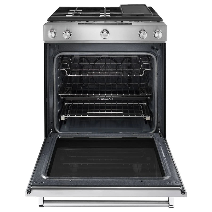 KITCHENAID  30-inch 5 Burner Gas Convection Slide-in Range With Baking Drawer - Stainless Steel (KSGB900ESS)