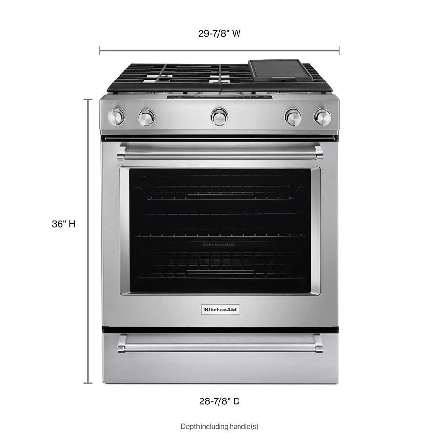 KITCHENAID  30-inch 5 Burner Gas Convection Slide-in Range With Baking Drawer - Stainless Steel (KSGB900ESS)