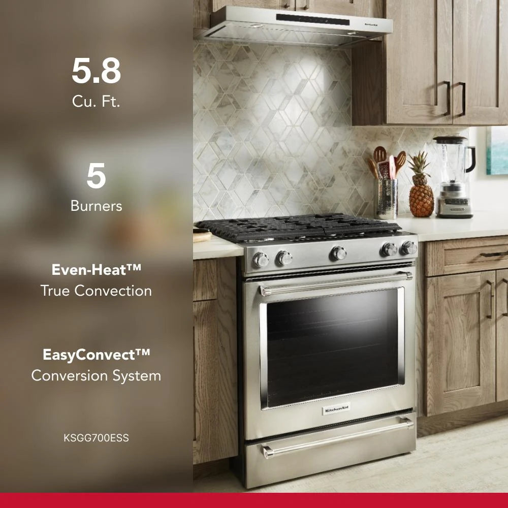 KitchenAid  30-Inch 5-Burner Gas Slide-In Convection Range - Stainless Steel (KSGG700ESS)