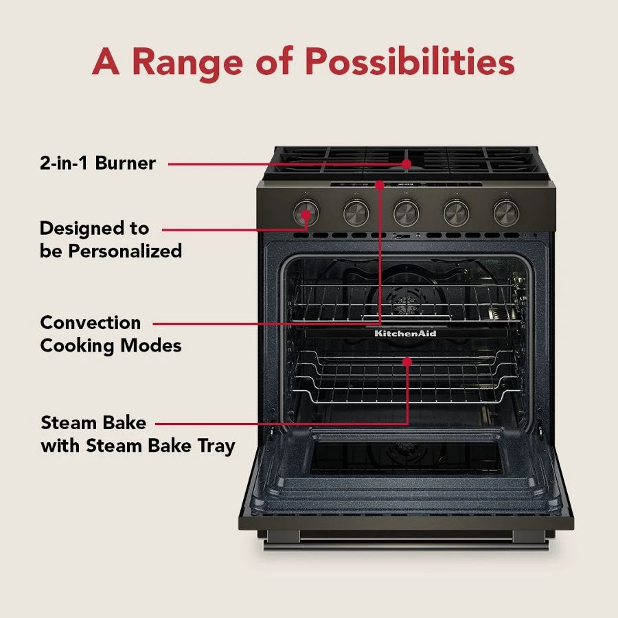 KITCHENAID  5.0 Cu. Ft. Smart Slide-in Gas Range With Convection Cooking Modes And 2-in-1 Burner - Black Ore (KSGS530SBE)