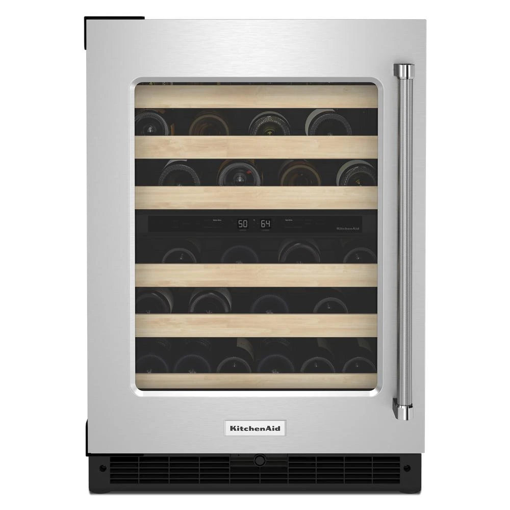 KITCHENAID  24" Undercounter Wine Cellar with Glass Door and Wood-Front Racks - Stainless Steel (KUWL214KSB)