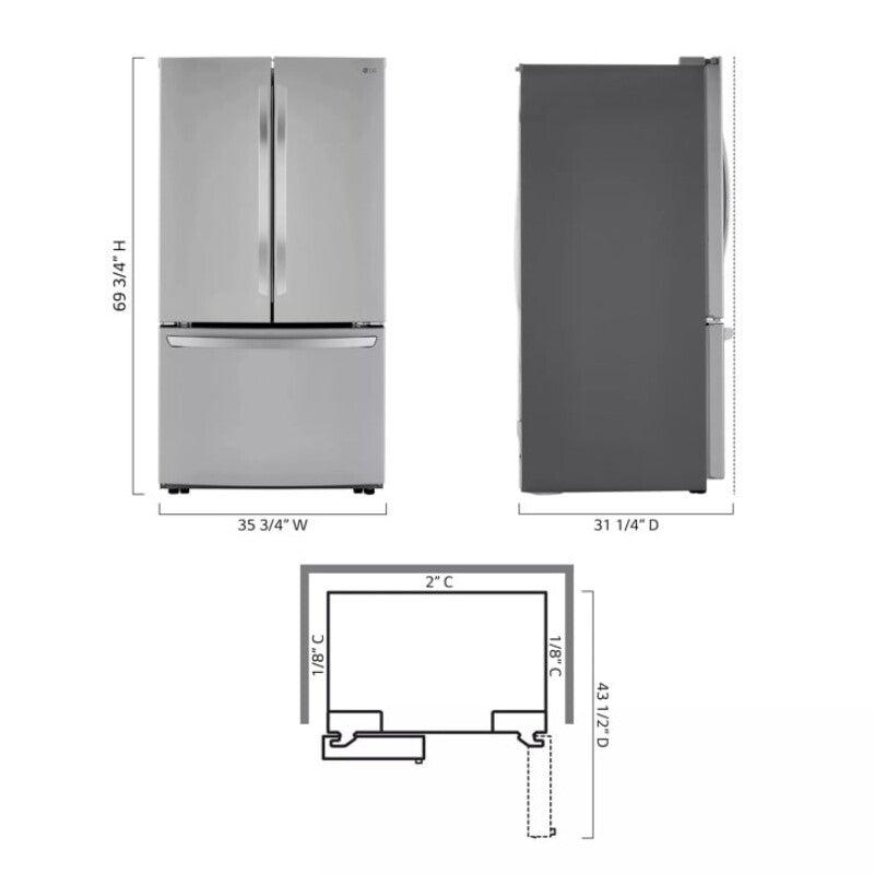 LG 23 cu.ft French Door, Counter-Depth, Non Dispense Refrigerator - Print Proof Stainless Steel (LRFCC23D6S)