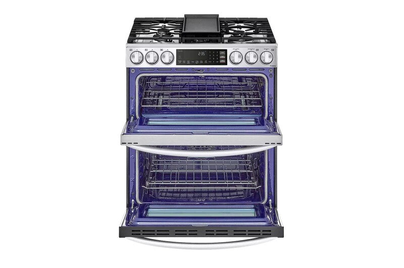 LG 6.9 cu. ft. Smart Gas Double Oven Slide-in Range with InstaView®, ProBake® Convection, Air Fry, and Air Sous Vide - Print Proof Stainless Steel (LTGL6937F)