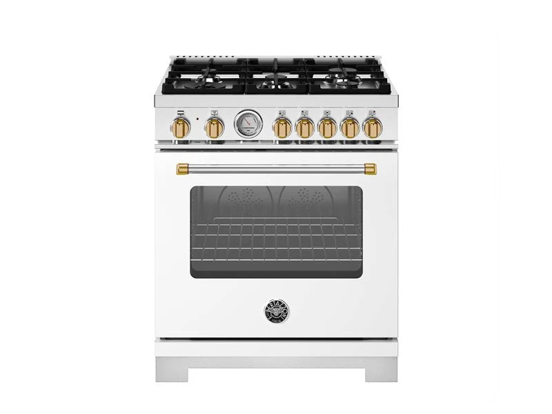 BERTAZZONI  30 inch Dual Fuel, 5 Burners, Electric Oven - Gold Accents - Bianco Matt (MAS305DFMBG)