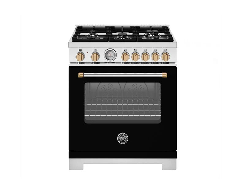 BERTAZZONI  30 inch Dual Fuel, 5 Burners, Electric Oven - Gold Accents - Nero Matt (MAS305DFMNG)
