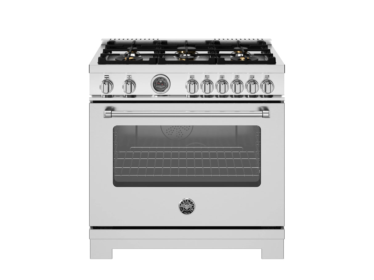 BERTAZZONI  36 inch Dual Fuel Range, 6 Brass Burners and Cast Iron Griddle, Electric Self-Clean Oven - Stainless Steel (MAS366BCFEPXT)