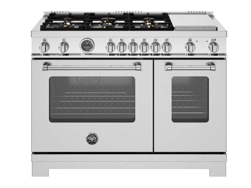BERTAZZONI  48 inch Dual Fuel Range, 6 Brass Burners and Griddle, Electric Self-Clean Oven - Stainless Steel (MAS486BTFEPXT)