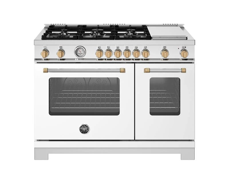 BERTAZZONI  48 inch Dual Fuel Range, 6 Burners and Griddle, Electric Oven - Gold Accents - Bianco Matt (MAS486GDFMBG)