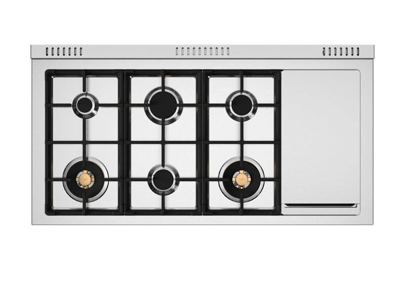 BERTAZZONI  48 inch Dual Fuel Range, 6 Burners and Griddle, Electric Oven - Gold Accents - Bianco Matt (MAS486GDFMBG)