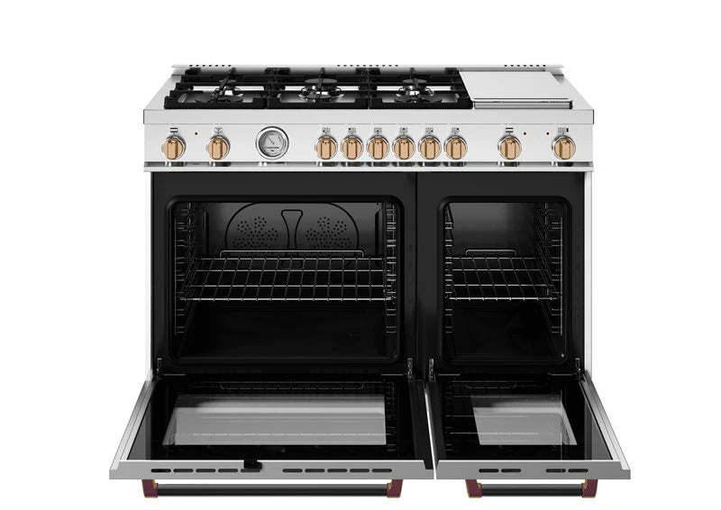 BERTAZZONI  48 inch Dual Fuel Range, 6 Burners and Griddle, Electric Oven - Gold Accents - Bianco Matt (MAS486GDFMBG)