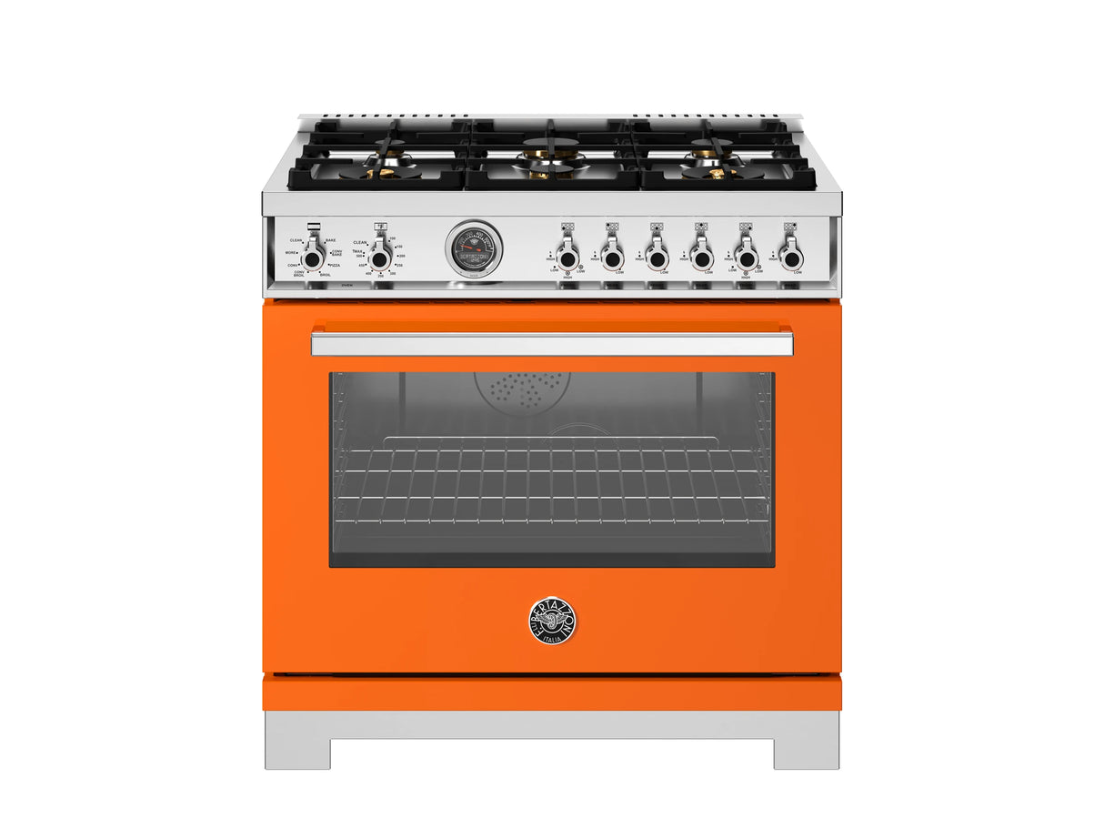 BERTAZZONI  36 inch Dual Fuel Range, 6 Brass Burners and Cast Iron Griddle, Electric Self-Clean Oven - Arancio (PRO366BCFEPART)