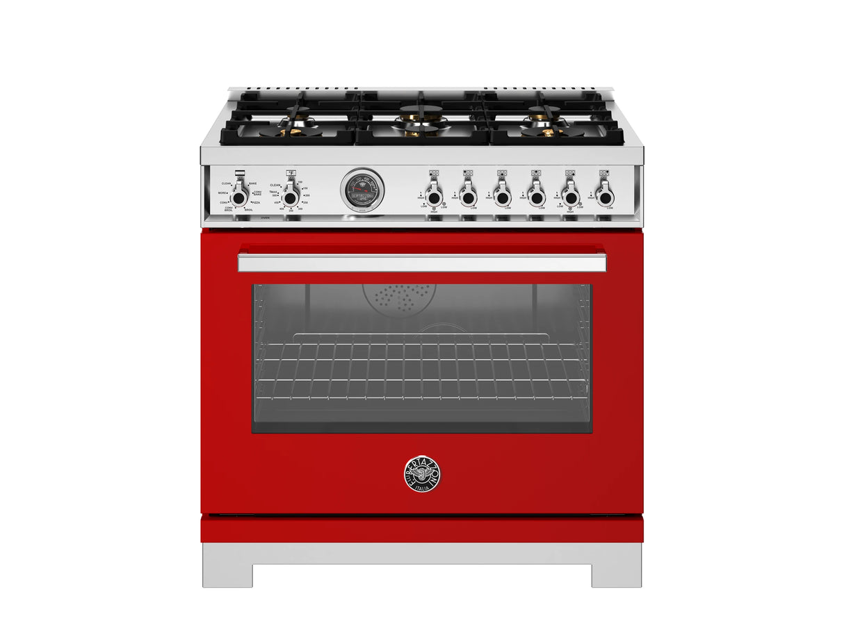 BERTAZZONI  36 inch Dual Fuel Range, 6 Brass Burners and Cast Iron Griddle, Electric Self-Clean Oven - Rosso (PRO366BCFEPROT)