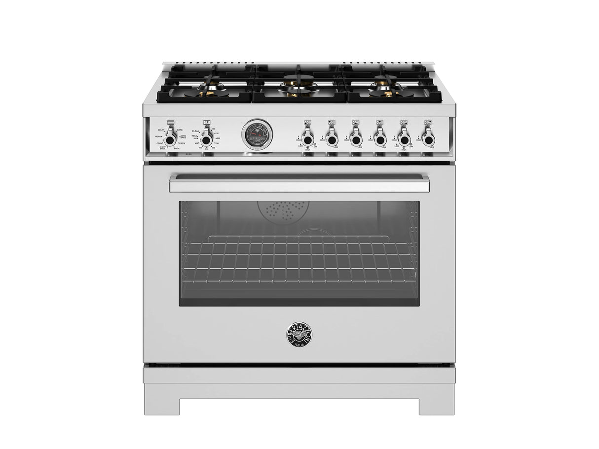 BERTAZZONI  36 inch Dual Fuel Range, 6 Brass Burners and Cast Iron Griddle, Electric Self-Clean Oven - Stainless Steel (PRO366BCFEPXT)