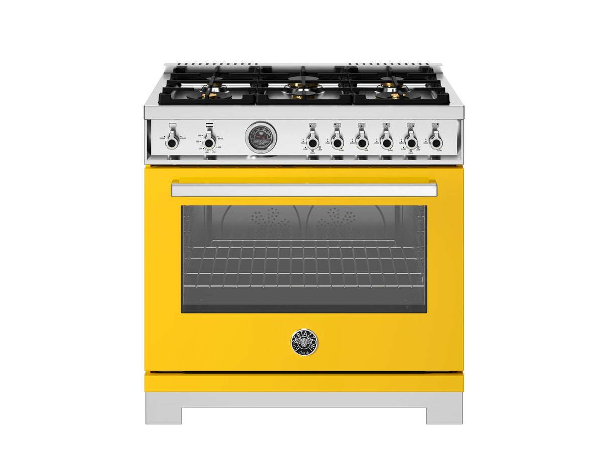 BERTAZZONI  36 inch All Gas Range, 6 Brass Burners and Cast Iron Griddle - Giallo (PRO366BCFGMGIT)