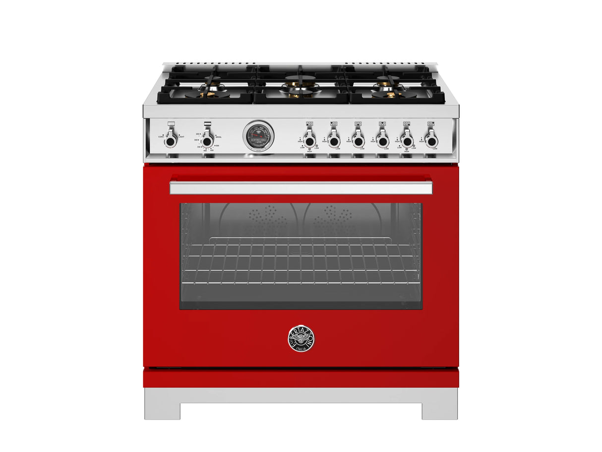 BERTAZZONI  36 inch All Gas Range, 6 Brass Burners and Cast Iron Griddle - Rosso (PRO366BCFGMROT)