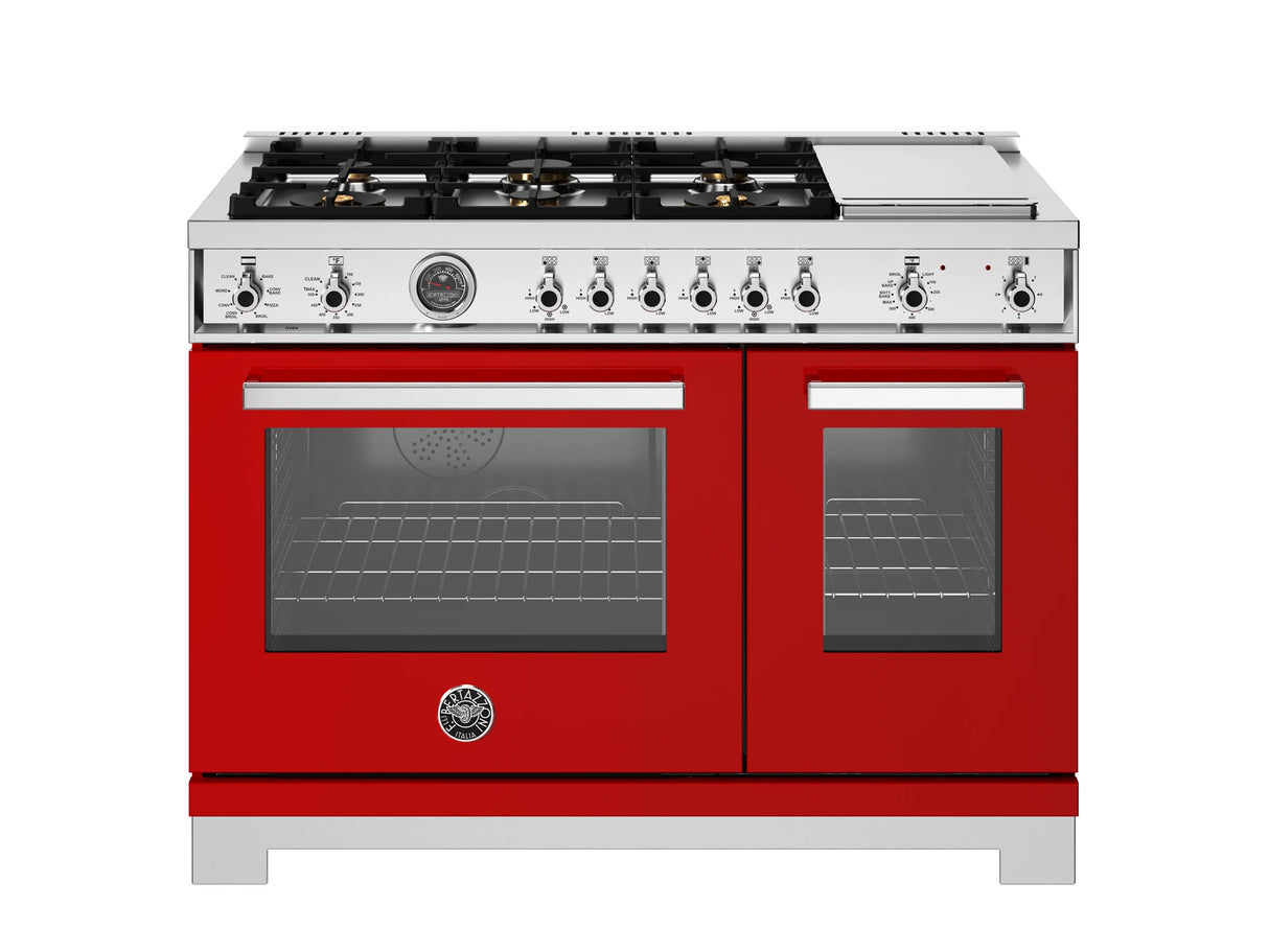 BERTAZZONI  48 inch Dual Fuel Range, 6 Brass Burners and Griddle, Electric Self-Clean Oven - Rosso (PRO486BTFEPROT)