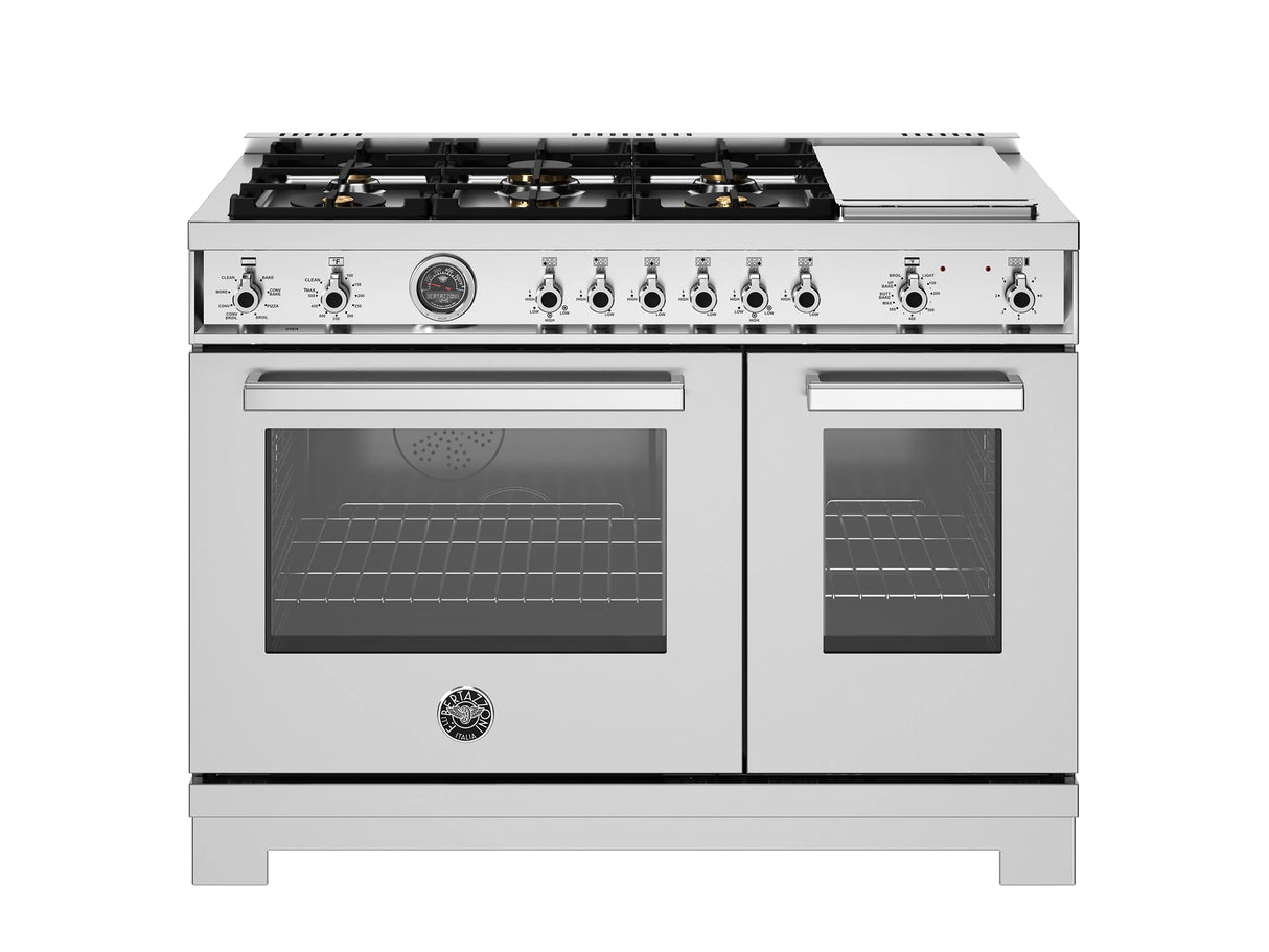 BERTAZZONI  48 inch Dual Fuel Range, 6 Brass Burners and Griddle, Electric Self-Clean Oven - Stainless Steel (PRO486BTFEPXT)