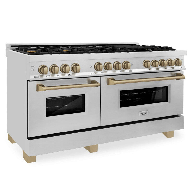 ZLINE  Autograph Edition 60 In. 7.4 Cu. Ft. Legacy Dual Fuel Range With 9 Burner Gas Cooktop And 2 Electric Convection Ovens In Stainless Steel And Champagne Bronze Accents - Stainless Steel (RAZ60CB)