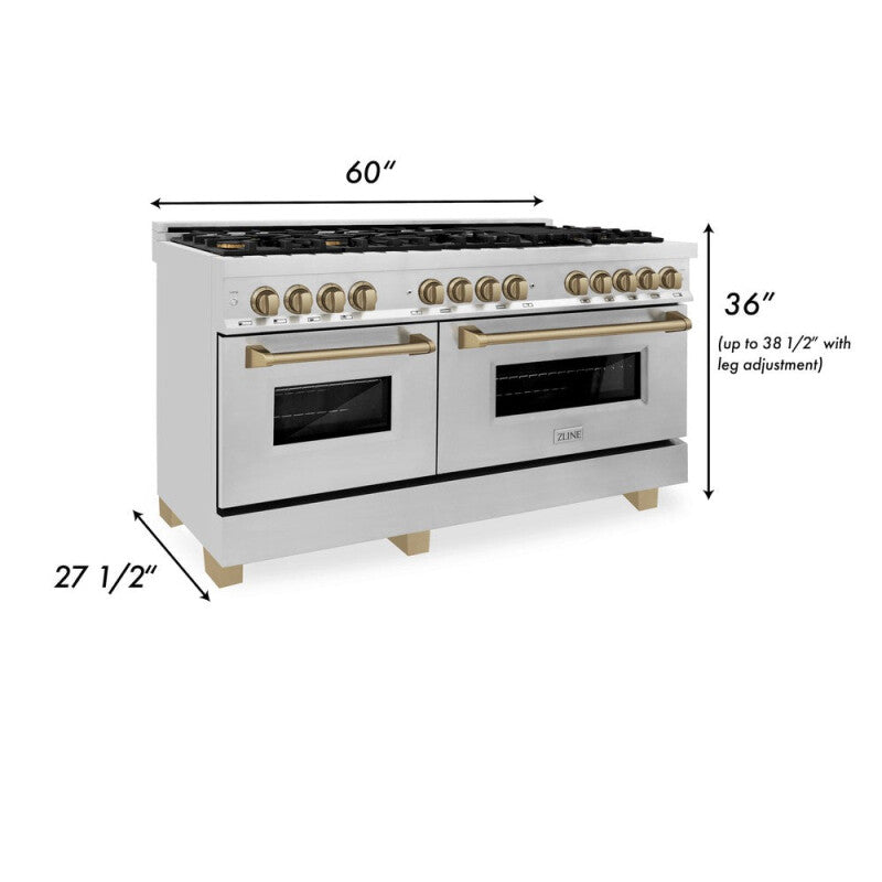 ZLINE  Autograph Edition 60 In. 7.4 Cu. Ft. Legacy Dual Fuel Range With 9 Burner Gas Cooktop And 2 Electric Convection Ovens In Stainless Steel And Champagne Bronze Accents - Stainless Steel (RAZ60CB)