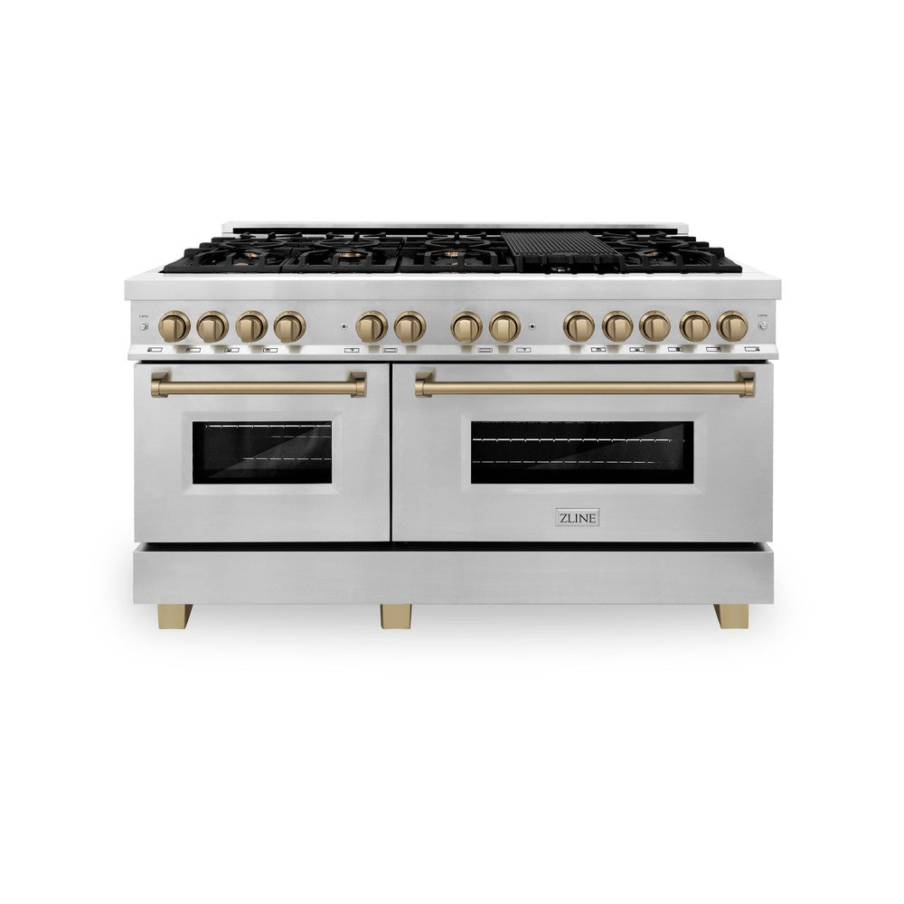 ZLINE  Autograph Edition 60" 7.4 cu. ft. Dual Fuel Range with Gas Stove and Electric Oven with Champagne Bronze Accents - Stainless Steel (RAZ60CB)