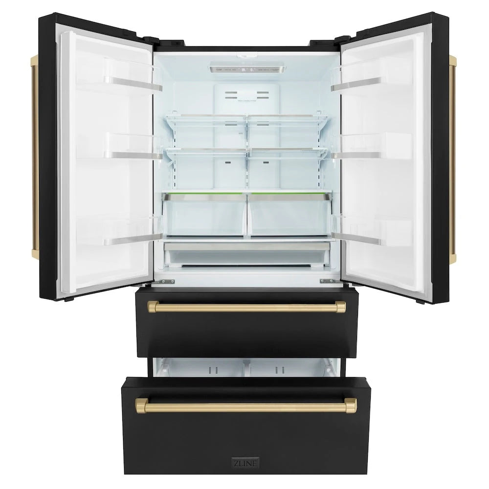 ZLINE  Autograph Edition 36 In. 22.5 Cu. Ft. Counter-depth French Door Refrigerator With Ice Maker In Fingerprint-resistant Black Stainless Steel And Champagne Bronze Traditional Handles - Champagne Bronze (RFMZ36BSCB)