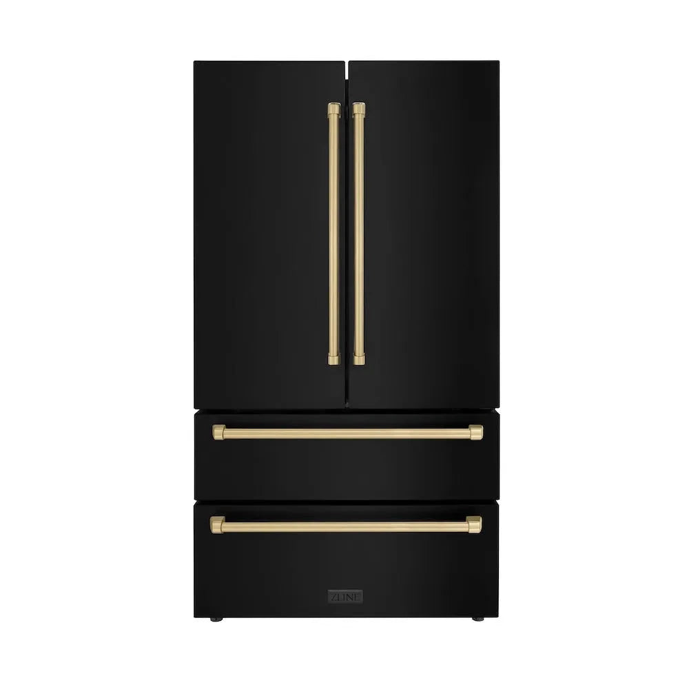 ZLINE  Autograph Edition 36 In. 22.5 Cu. Ft. Counter-depth French Door Refrigerator With Ice Maker In Fingerprint-resistant Black Stainless Steel And Champagne Bronze Traditional Handles - Champagne Bronze (RFMZ36BSCB)