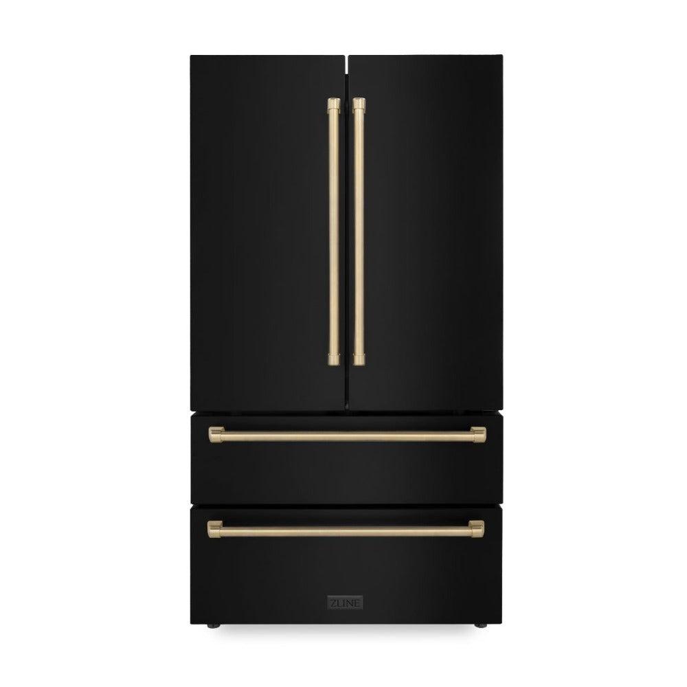 ZLINE  Autograph Edition 36 In. 22.5 Cu. Ft. Counter-depth French Door Refrigerator With Ice Maker In Fingerprint-resistant Black Stainless Steel And Champagne Bronze Traditional Handles - Champagne Bronze (RFMZ36BSCB)
