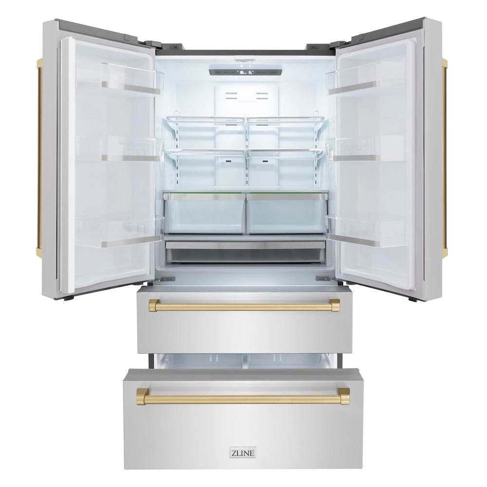 ZLINE  Autograph Edition 36 In. 22.5 Cu. Ft. Counter-depth French Door Refrigerator With Ice Maker In Fingerprint-resistant Stainless Steel With Champagne Bronze Traditional Handles - Champagne Bronze (RFMZ36CB)