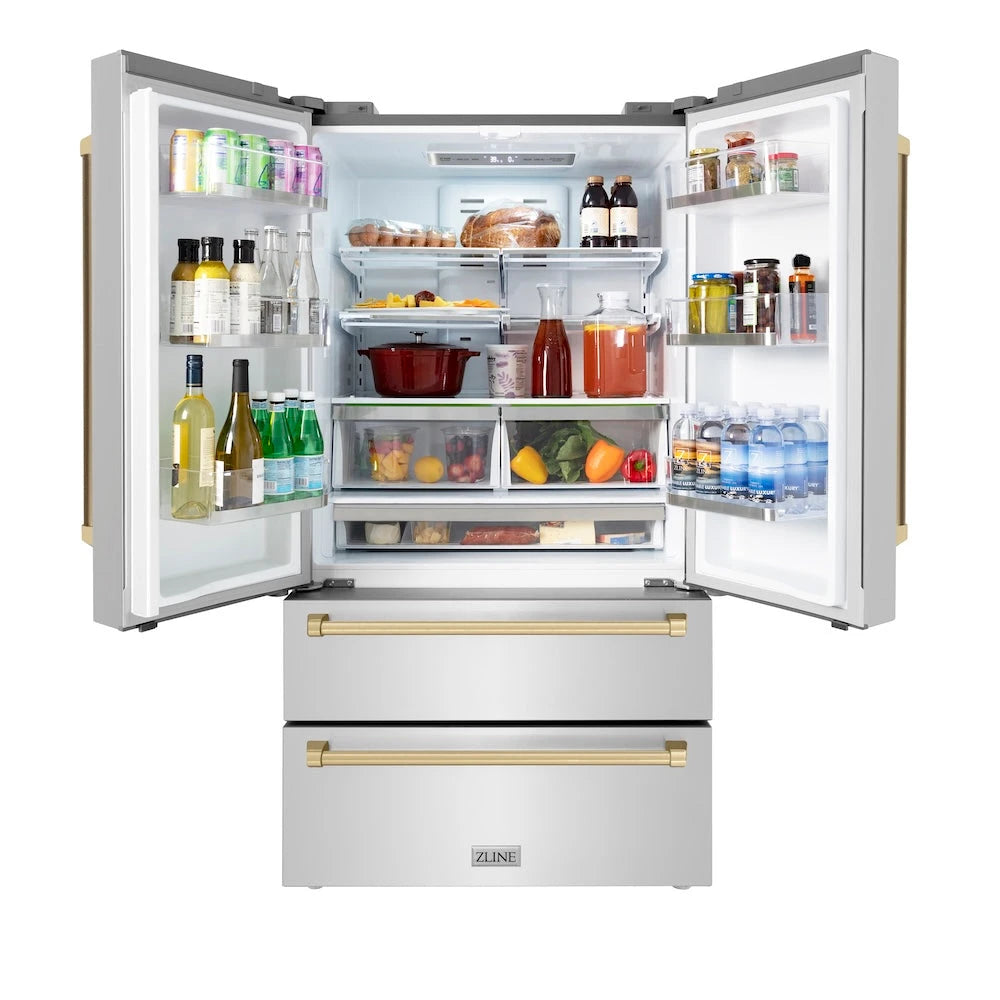 ZLINE  Autograph Edition 36 In. 22.5 Cu. Ft. Counter-depth French Door Refrigerator With Ice Maker In Fingerprint-resistant Stainless Steel With Champagne Bronze Traditional Handles - Champagne Bronze (RFMZ36CB)