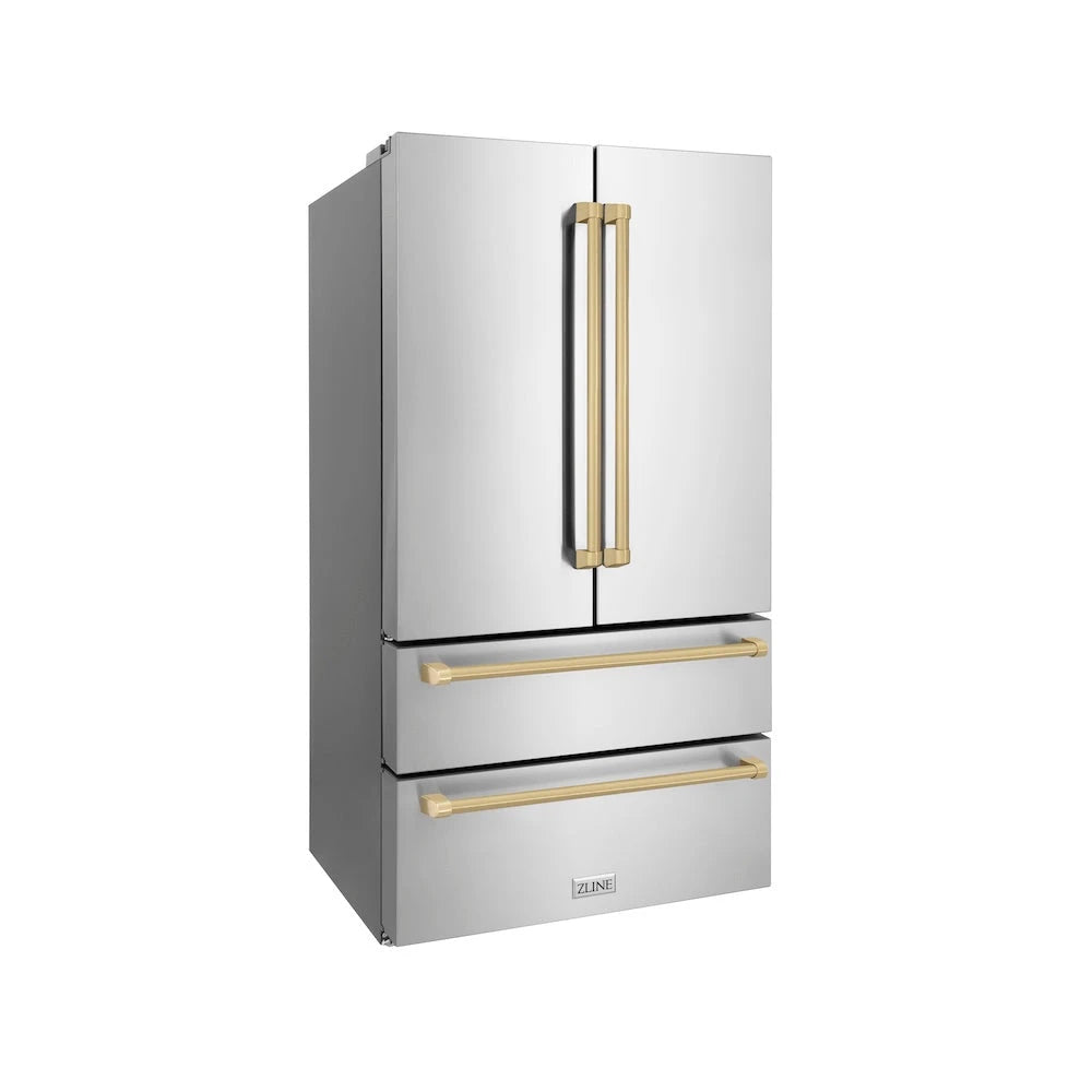 ZLINE  Autograph Edition 36 In. 22.5 Cu. Ft. Counter-depth French Door Refrigerator With Ice Maker In Fingerprint-resistant Stainless Steel With Champagne Bronze Traditional Handles - Champagne Bronze (RFMZ36CB)