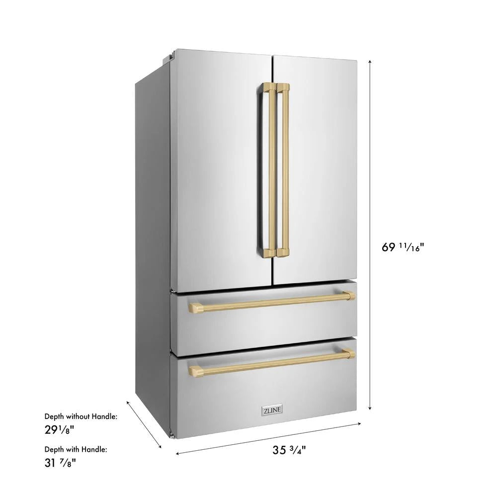 ZLINE  Autograph Edition 36 In. 22.5 Cu. Ft. Counter-depth French Door Refrigerator With Ice Maker In Fingerprint-resistant Stainless Steel With Champagne Bronze Traditional Handles - Champagne Bronze (RFMZ36CB)