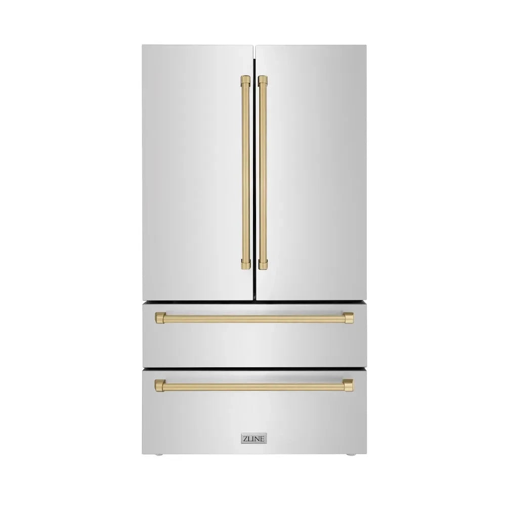 ZLINE  Autograph Edition 36 In. 22.5 Cu. Ft. Counter-depth French Door Refrigerator With Ice Maker In Fingerprint-resistant Stainless Steel With Champagne Bronze Traditional Handles - Champagne Bronze (RFMZ36CB)