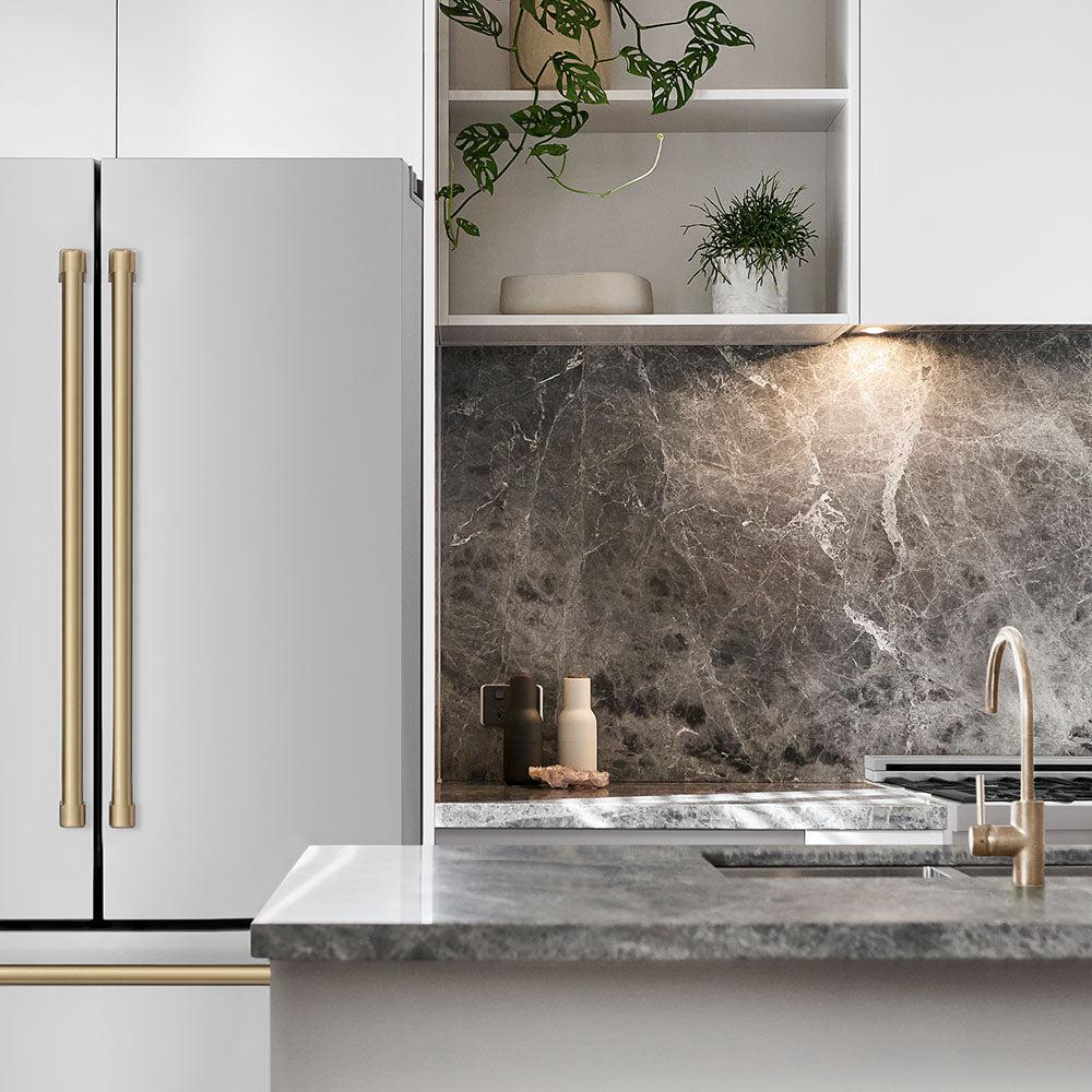ZLINE  Autograph Edition 36 In. 22.5 Cu. Ft. Counter-depth French Door Refrigerator With Ice Maker In Fingerprint-resistant Stainless Steel With Champagne Bronze Traditional Handles - Champagne Bronze (RFMZ36CB)