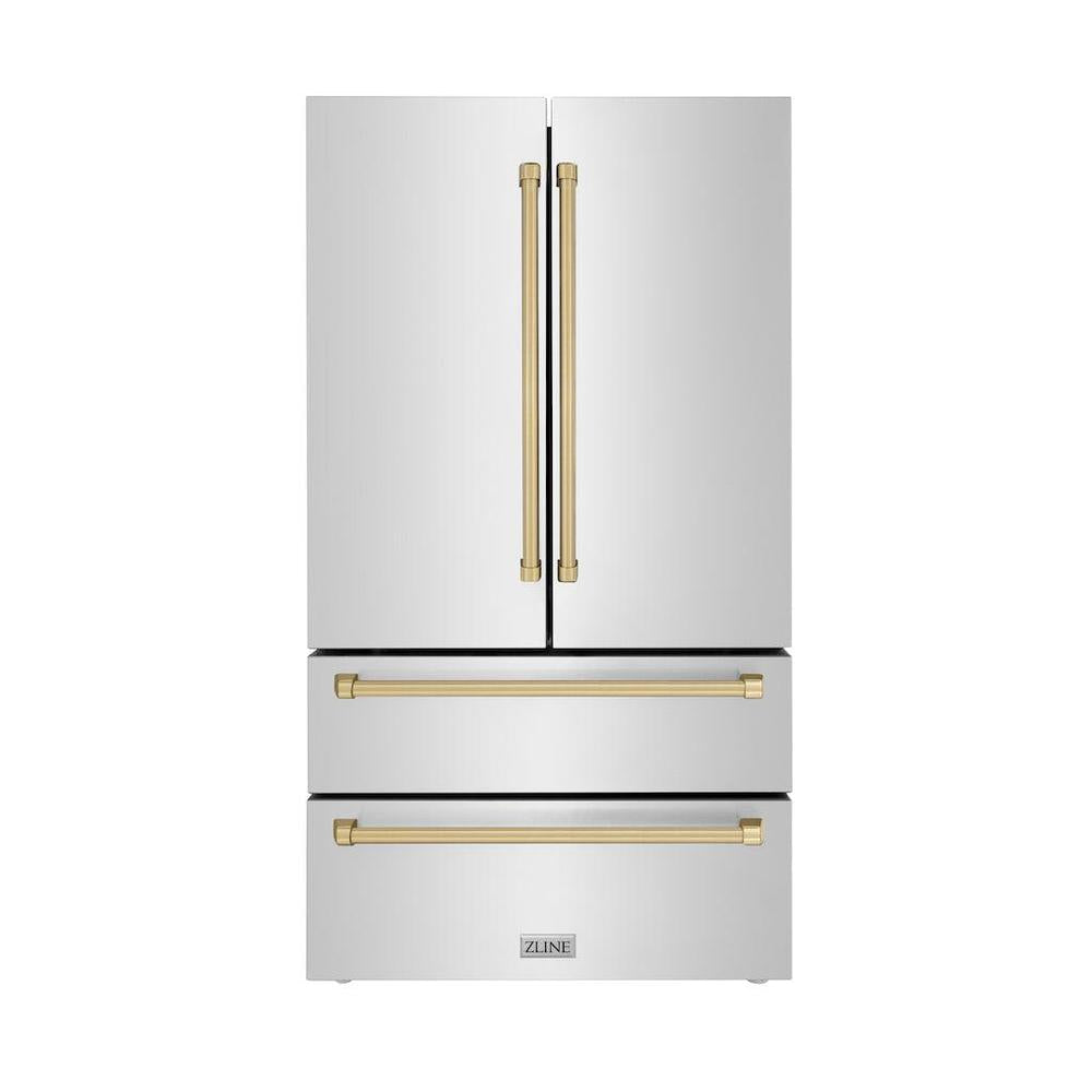 ZLINE  Autograph Edition 36 In. 22.5 Cu. Ft. Counter-depth French Door Refrigerator With Ice Maker In Fingerprint-resistant Stainless Steel With Champagne Bronze Traditional Handles - Champagne Bronze (RFMZ36CB)