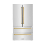 ZLINE  Autograph Edition 36 In. 22.5 Cu. Ft. Counter-depth French Door Refrigerator With Ice Maker In Fingerprint-resistant Stainless Steel With Champagne Bronze Traditional Handles - Champagne Bronze (RFMZ36CB)