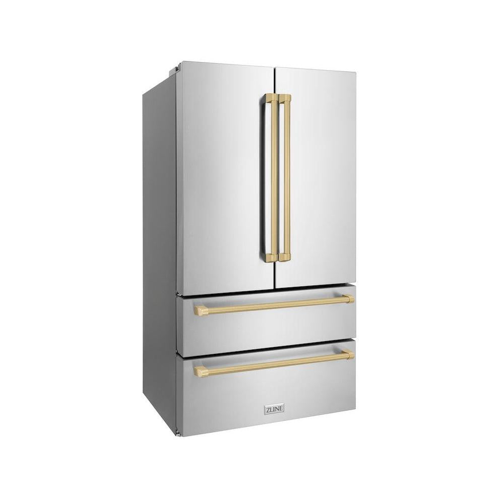 ZLINE  Autograph Edition 36 In. 22.5 Cu. Ft. Counter-depth French Door Refrigerator With Ice Maker In Fingerprint-resistant Stainless Steel With Champagne Bronze Traditional Handles - Champagne Bronze (RFMZ36CB)