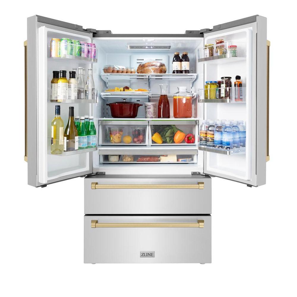 ZLINE  Autograph Edition 36 In. 22.5 Cu. Ft. Counter-depth French Door Refrigerator With Ice Maker In Fingerprint-resistant Stainless Steel With Champagne Bronze Traditional Handles - Champagne Bronze (RFMZ36CB)