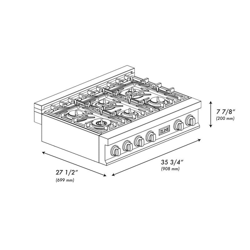 ZLINE Autograph Edition 36" Porcelain Rangetop with 6 Gas Burners and Matte Black Accents - Stainless Steel (RTZ36MB)