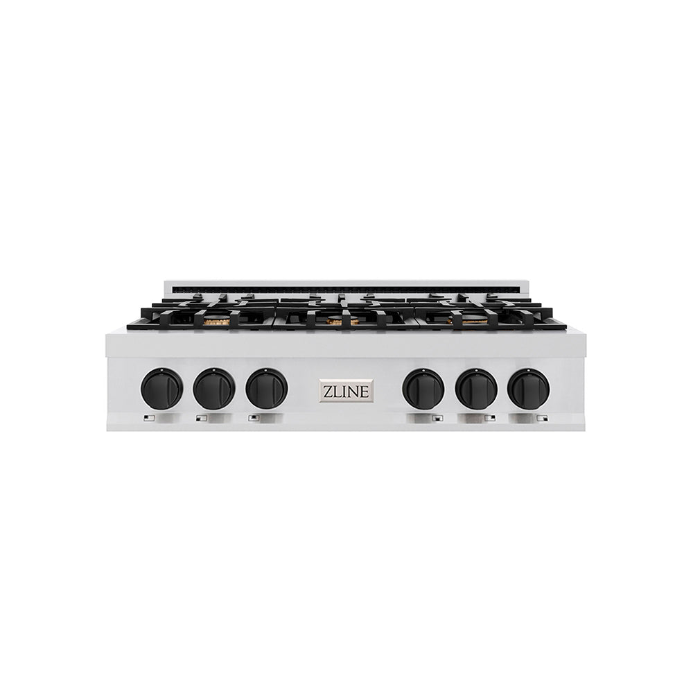 ZLINE  Autograph Edition 36 In. Classic Gas Rangetop With 6 Burners And Porcelain Cooktop In Stainless Steel With Matte Black Accents - Stainless Steel (RTZ36MB)