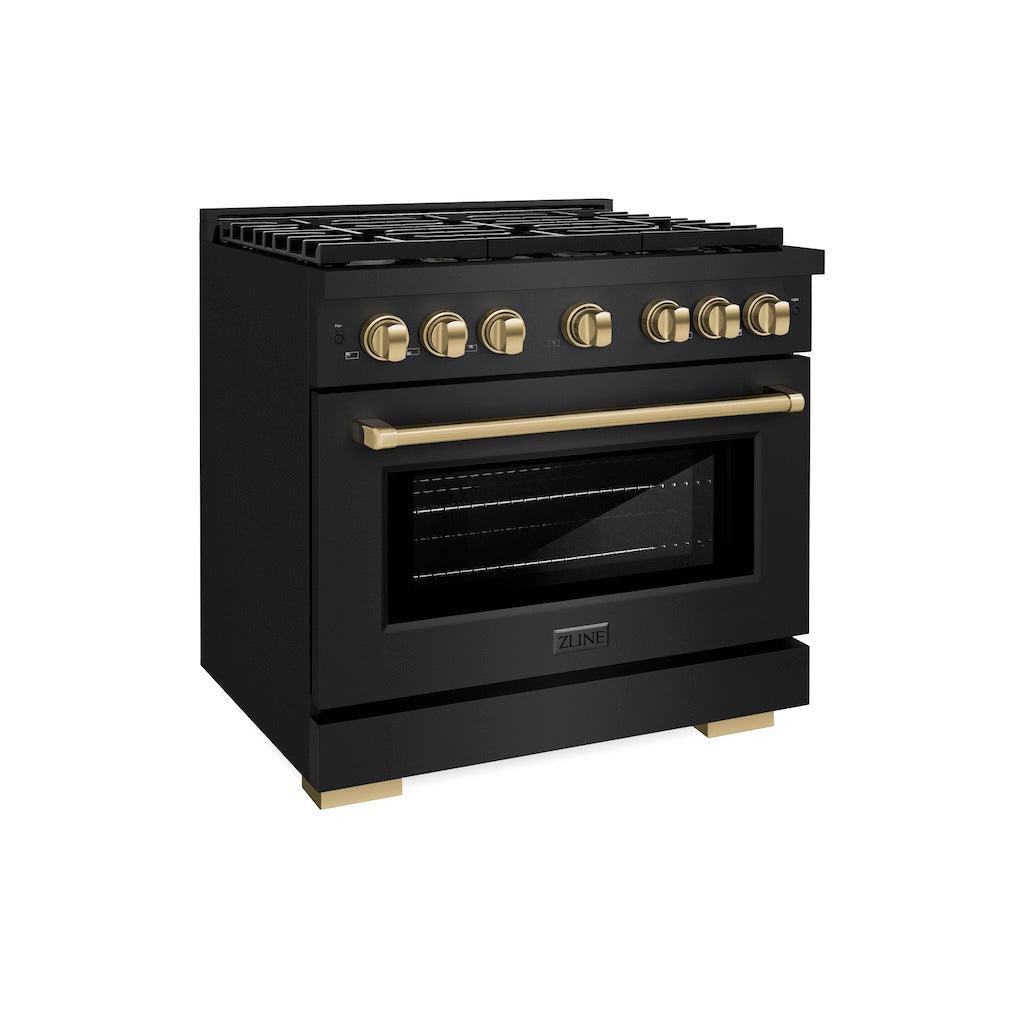 ZLINE AutographEdition 36 in. 5.2 cu. ft. 6 Burner Gas Range with Convection Gas Oven in Black Stainless Steel and Champagne Bronze Accents - Black Stainless Steel (SGRBZ36CB)